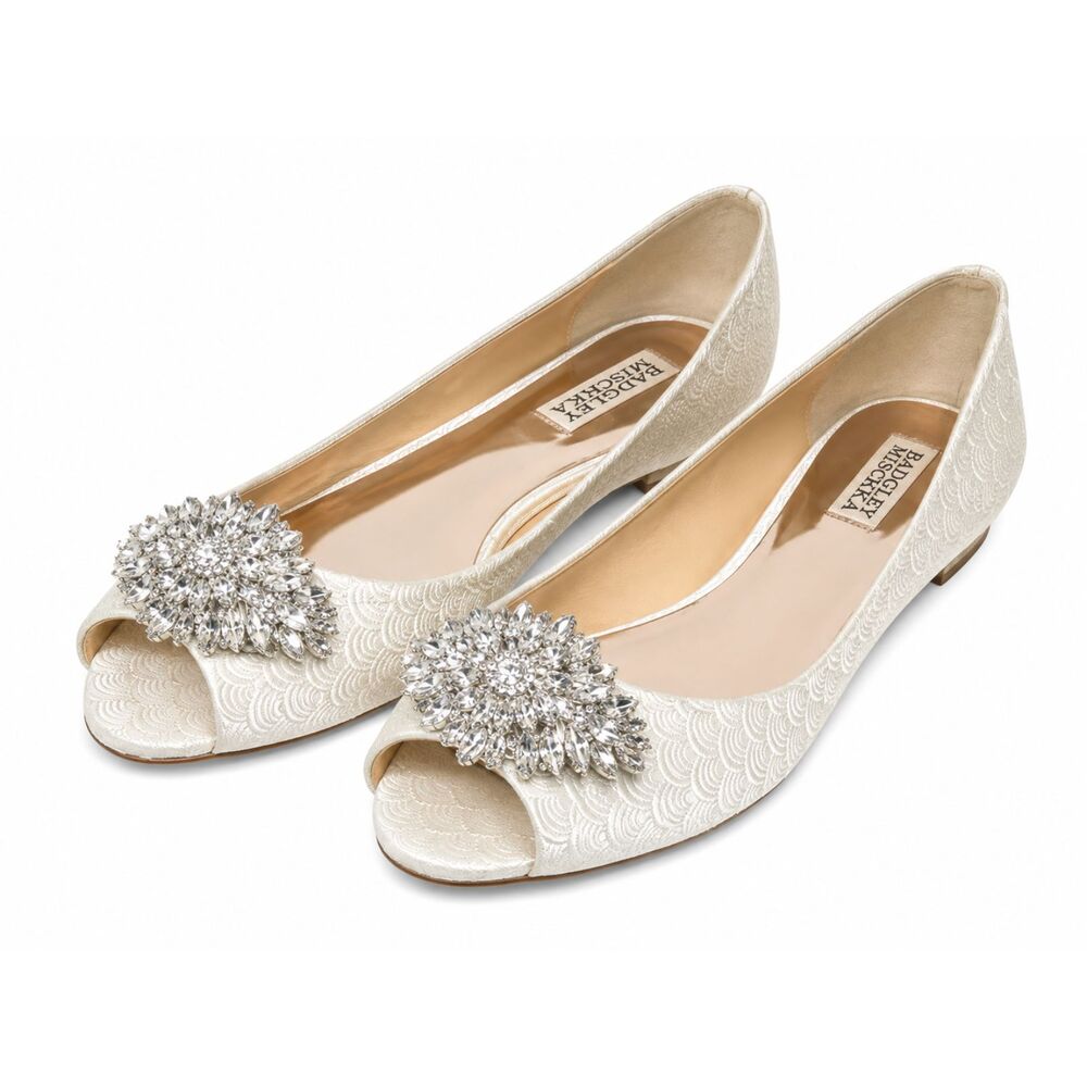 Badgley Mischka Ivory Embellished Peep-Toe Flats